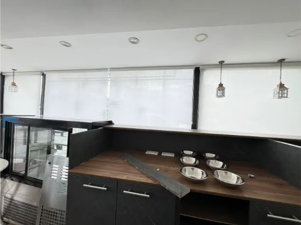 Cortina roller screen gris traslúcida en salón moderno