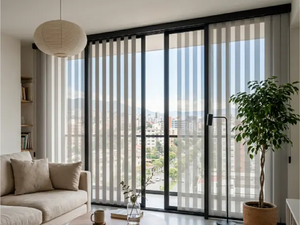 Cortina Dreams Blinds beige filtrando luz en salón